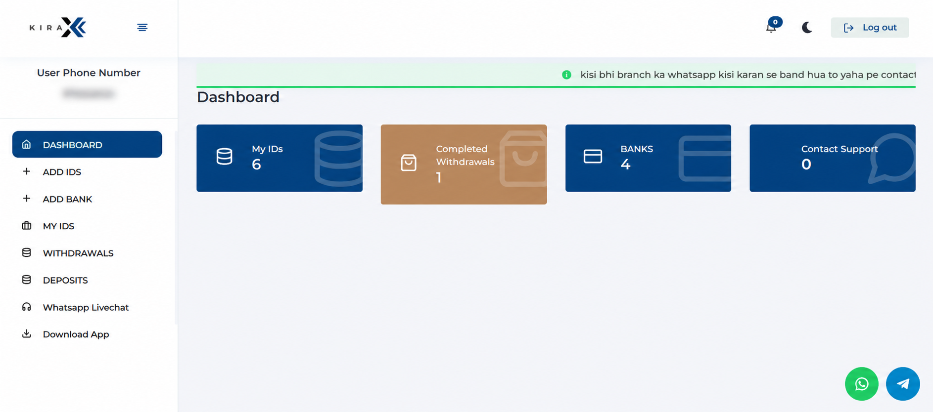 Kira X user dashboard